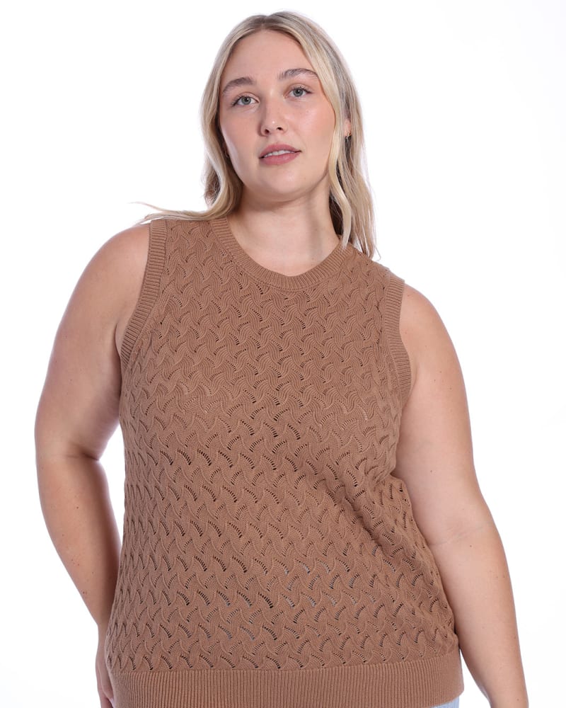 Front of a model wearing a size 1X Cotton Cashmere Pointelle Tank in Camel by Minnie Rose. | dia_product_style_image_id:324912